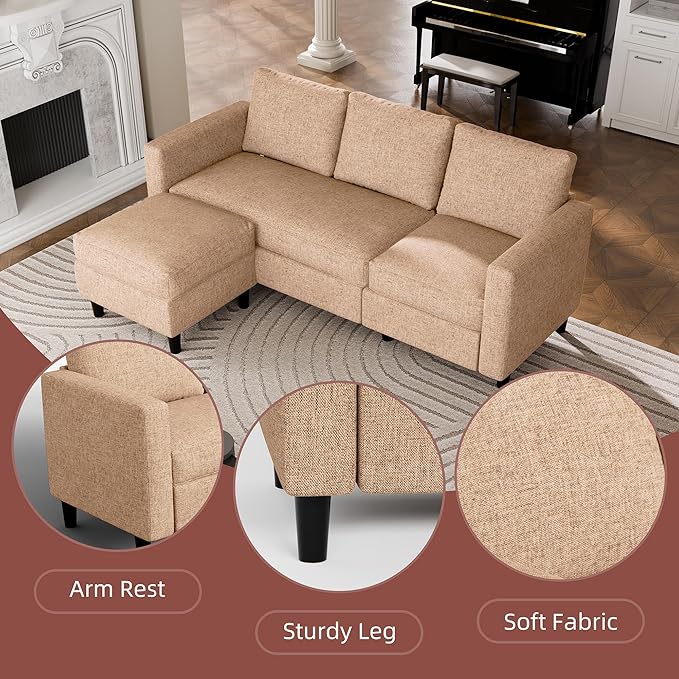 JAMFLY Sectional Couch Sofa Convertible L Shaped Sofas with Ottoman Small Sectional Sofa for Living Room 3 Seater Couch for Small Spaces Brown