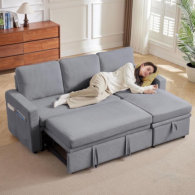 79 Sectional Sofa Couch L Shaped Sleeper Sofa Bed with Reversible Storage Chaise Side Pockets Durable Cushions Convertible Pull Out Bed Couch for Living Room Light Grey