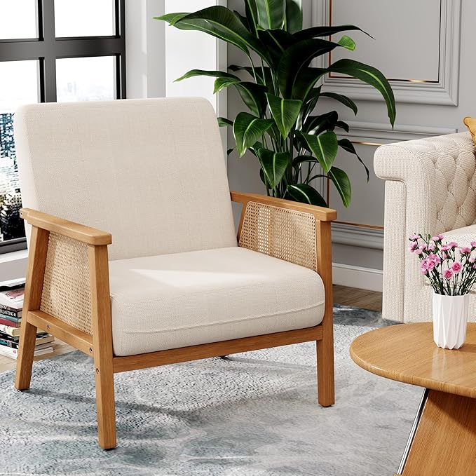 ALISH Mid-Century Modern Accent Chairs Upholstered Living Room Chairs Armchairs with Rattan Arms and Wooden Legs for Living Room Bedroom (Beige Set of 1)