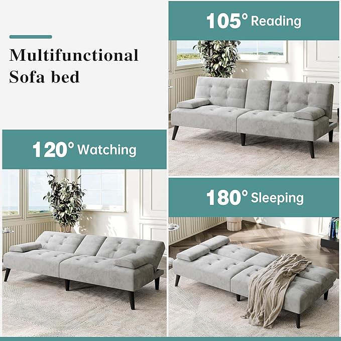 Meilocar 64 Futon Sofa Bed Convertible Loveseat with 2 Cup Holders Small Couch with 3 Adjustable Angles &amp Removable Armrest Modern Sleeper Sofa for Apartment Office 5.3 FT Light Grey