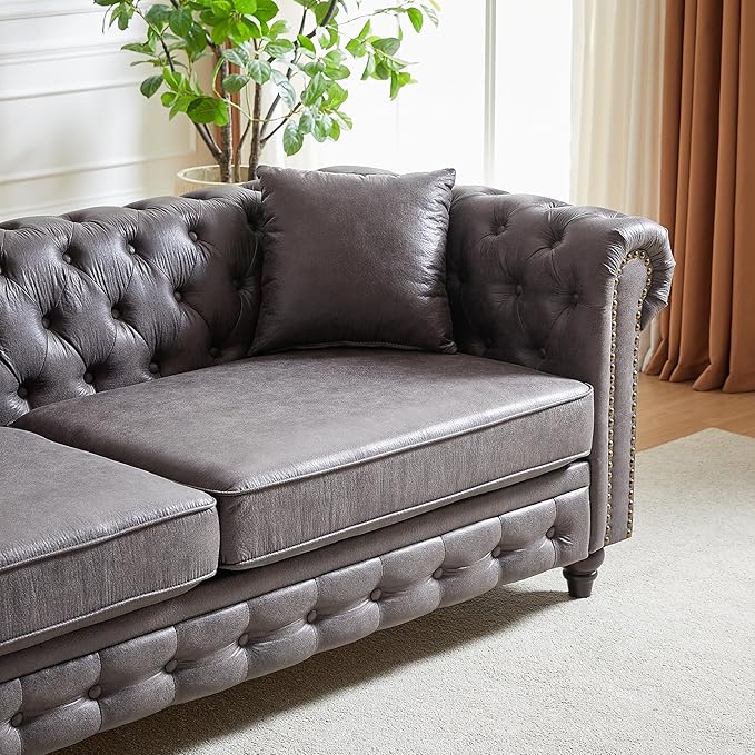 2 Piece Mid Century Modern Couch Set Retro Button Tufted Chesterfield Sofa muebles para la sala Comfy Deep Seat Upholstered Office Furniture Living Room Sofas Set (Leather Gray Couch and Loveseat)