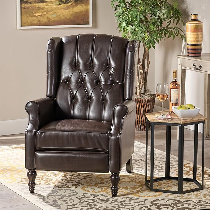 Christopher Knight Home GDFStudio Elizabeth Tufted Bonded Leather Recliner Vintage Reclining Reading Armchair 28.5D x 34.5W x 41H in Brown