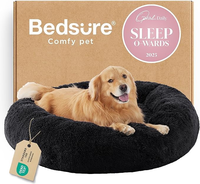 Bedsure Calming Dog Bed for Extra Large Dogs - Donut Washable Large Pet Bed 45 inches Anti-Slip Round Fluffy Plush Faux Fur Dog Bed Fits up to 120 lbs Pets Black