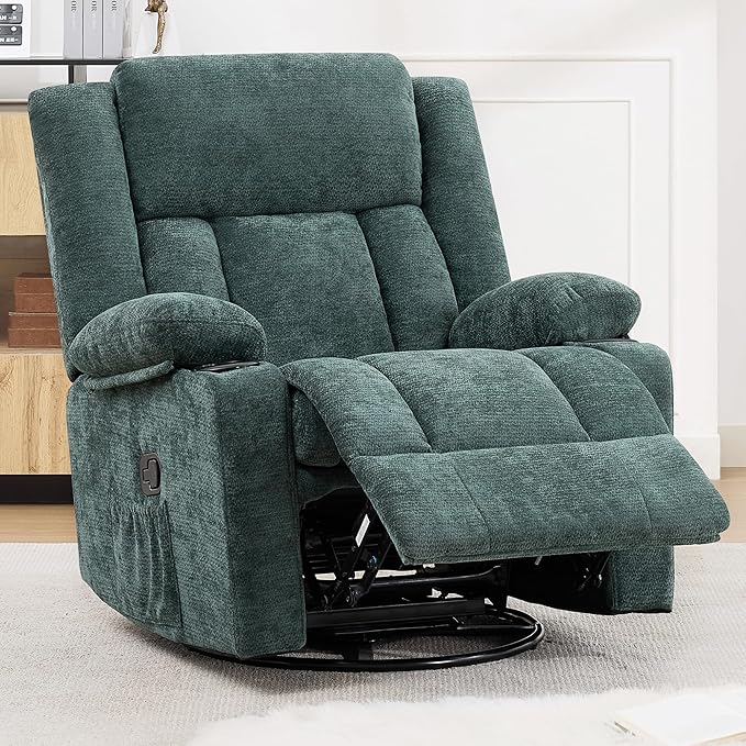 Swivel Rocker Recliner for Adults Manual Lazy Boy Recliner Chair with Cup Holders 360 Degree Rotating Nursery Rocking Chair Glider Recliner for Living Room (Green)