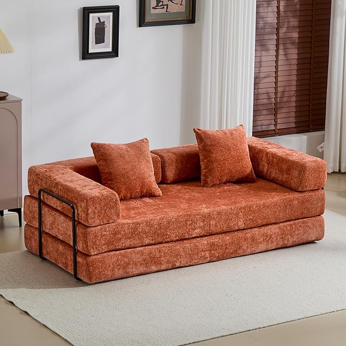 Convertible Couch Sofa Bed Foldable Floor Sleeper | Modern Fold Out Couch | Removable Backrest &amp Armrests | No Assembly Compression Sofa Sleeper for Living Room Bedroom | Orange Chenille