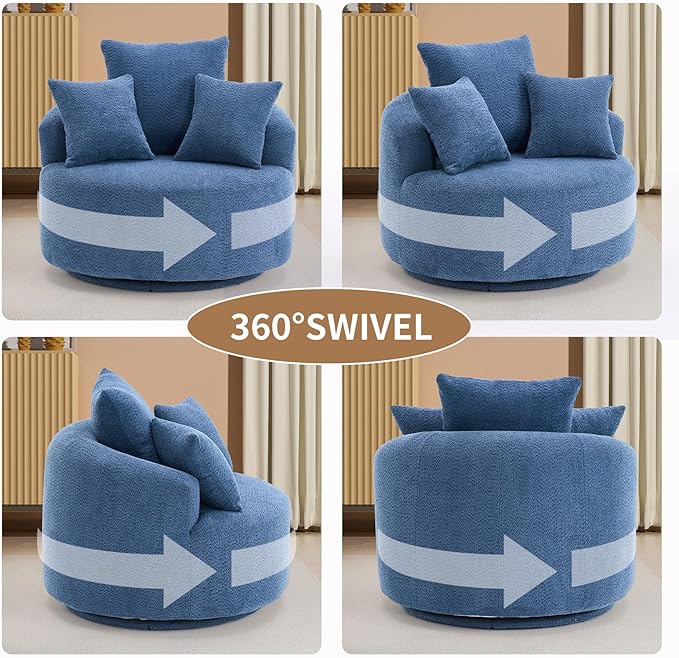 40” Blue Round Swivel Chair with 3 Pillows &amp Thick Cushion Oversized 360° Swivel Accent Chair Modern Boucle Armchair for Nursery Living Room Bedroom Club