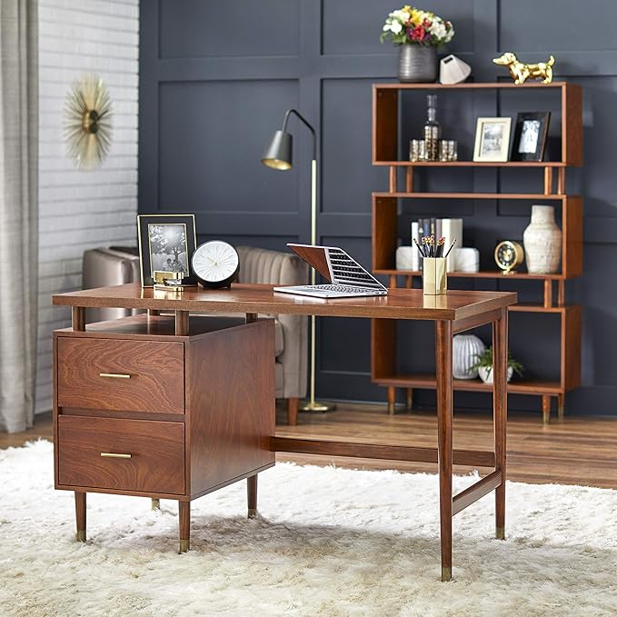 Margo 50 Wide Mid-Century Modern Wood Desk with Drawers Stylish Elevated Top Design Solid Pine Wood Tapered Legs Computer Desk for Home Office &amp Study Walnut