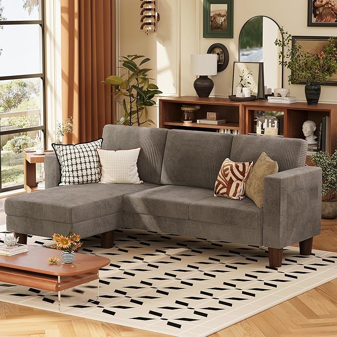 VICTONE Convertible Sectional Sofa Couch 3 Seat L-Shaped Sofa with Linen Fabric Ottoman Small Couch for Small Apartments Living Room and Office (Corduroy Gray)