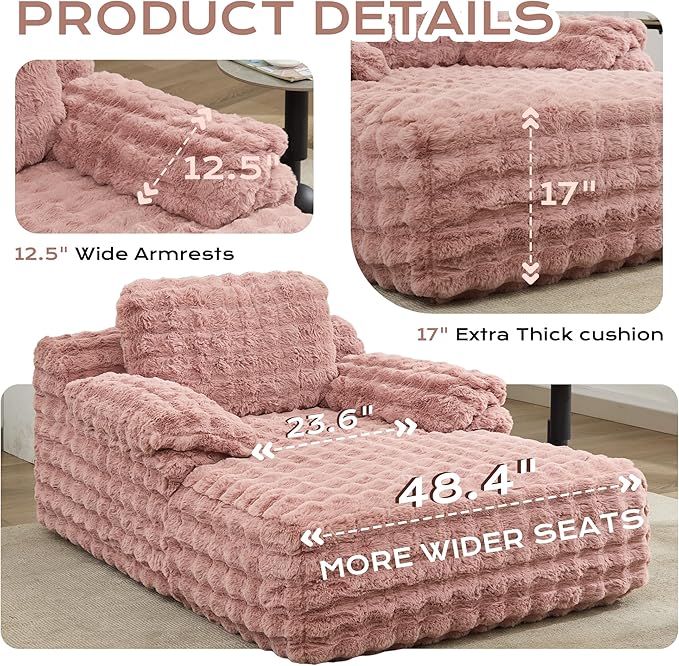 Oversized Lounge Chair Plush Faux Fur Comfy Reading Chair Boneless Chaise Sofa Recliner Bed Sleeper Couch with Wide Pillow Armrest for Living Room Bedroom (Pink)