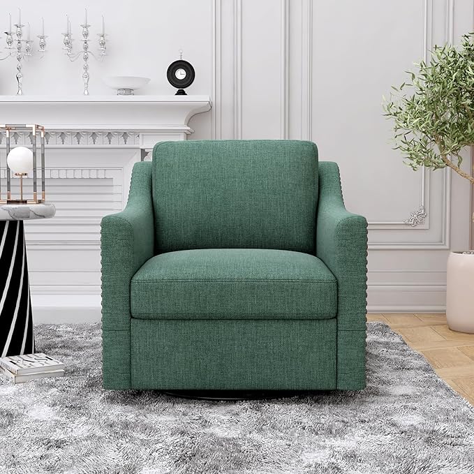 Upholstered Swivel Barrel Chair 31 Wide Modern Fabric Ergonomics Single Sofa Chair Living Room Bedroom Accent Chair Comfy Club Swivel Chair (Cotton Linen Blackish Green)