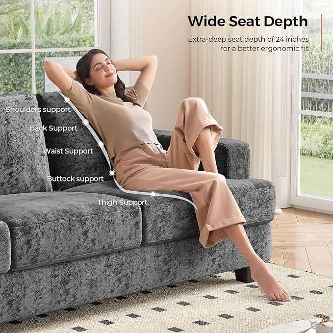 89 Inch Sofa with Extra Deep Seats Oversize3 Seater Sofa for Living Room Modern Couch and Sofa Comfy Armrests and Seats and Backrests Easy InstallationChenille Fabric Gray