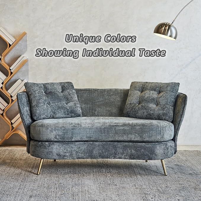 64“Modern Velvet Loveseat CouchFuton Small Sofa with Gold Metal Legs 2-Seater Upholstered Mini Sofa Couches for Small SpaceLiving Room Bedroom Office Dorm Studio Apartment Love Seat Couche (Grey-)