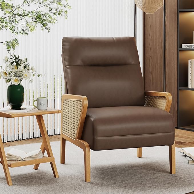Alunaune Upholstered Living Room Chairs Accent Chair Armchair Set of 2 Natural Rattan Faux Leather Slipper Club Chair Guest Reception Couch Comfy Single Sofa for Reading Bedroom-Brown