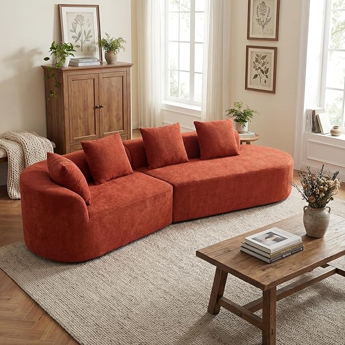 Merax 2-Piece 116 L-Shaped Modular Sectional Sofa Set 4 Seat Fully Assembled Curved Upholstery Couch with High-Density Compressed Sponge Chaise Lounge &amp 4 Pillows for Living Room Orange