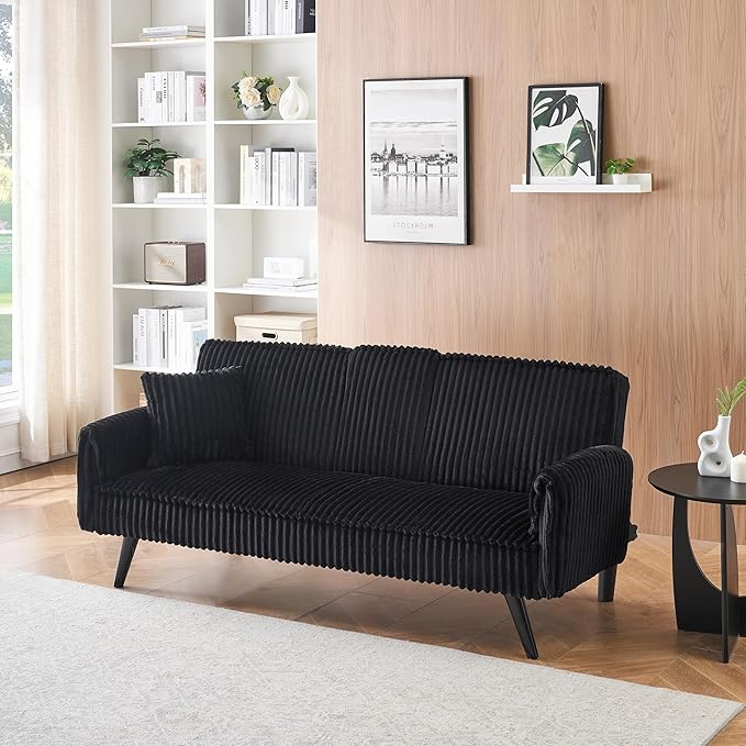 72'' Fabric Loveseat Sofa Comfy Corduroy Couch with 2 Embedded Teacup Holders 2 Seater Sofa with Adjustable Backrest Modern Small Convertible Futon Sofa Bed for Living Room Apartment (Black)