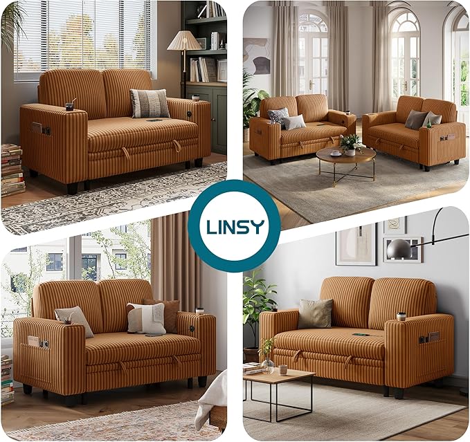 LINSY HOME Loveseat Sofa with Pull Out Couch Chaise: 2-in-1 Convertible 2 Seater Sofa with USB Charging &amp Cup Holders Comfy Plush Corduroy Love Seat for Small Spaces Living Room Apartment Brown