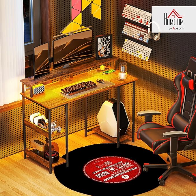 HOMCOM 47 Gaming Desk with Power Outlets and LED Lights Reversible Computer Desk with Monitor Stand and 2-Tier Storage Shelves Cable Management for Home Office Rustic Brown