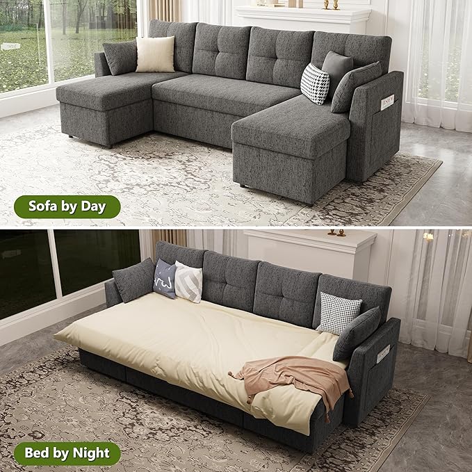 Oversized Sleeper Couch Sofa 110 inch 2 in 1 Pull Out Couch with Double Storage Chaise Sectional Sleeper Sofa Bed with Side Pocket for Living Room Dark Grey