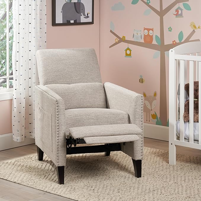 Mid-Century Fabric Rocker Recliner Chair with Tufted Design Adjustable Single Recliner Sofa with Thicker Seat Cushion with Pocket for Living Room Bedroom Apartment (Light Grey Style2)
