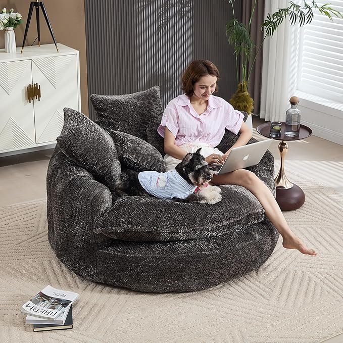 55 inch Oversized Round Chair Fluffy Chenille Boneless Sofa with Extra Deep Seat for Living Room Lounge (Grey)