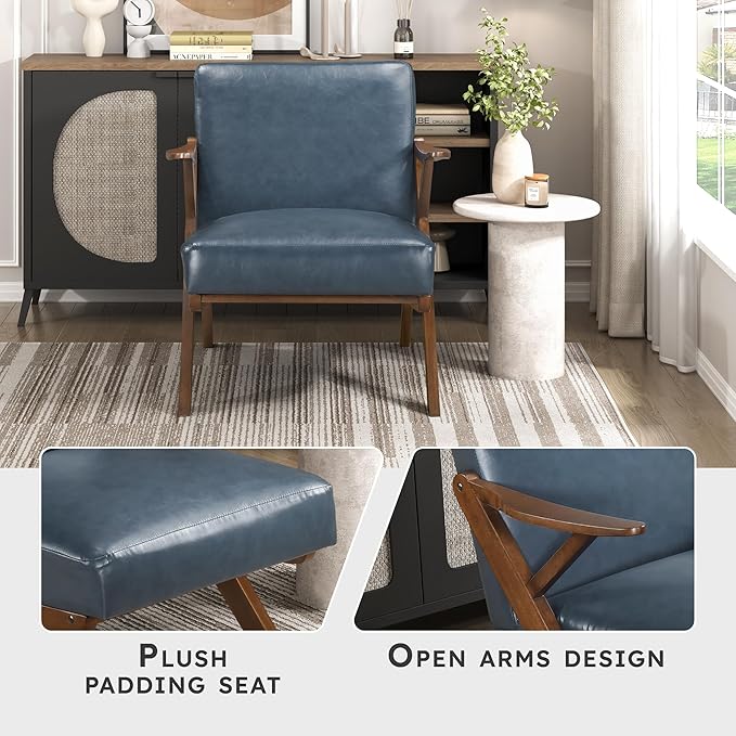 Lexicon Mid Century Modern Accent Chair Faux Leather Upholstered Lounge Seat Brown Finish Solid Wood Framed Comfy Side Chair for Living Room/Bedroom/Office/Waiting Area Blue