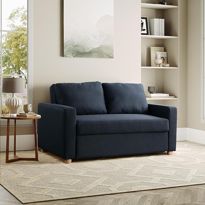 Serta Tulsa 66.1 Convertible Sleeper Loveseat Full Size Dreamcoil Comfort FingerGuard Pinch Point Protection Woven Fabric Navy Blue
