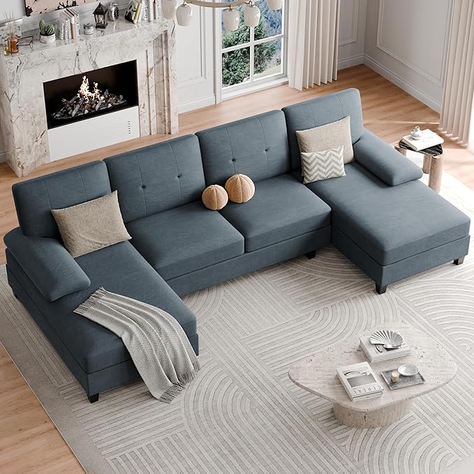 Shintenchi 106'' U-Shaped Sectional Couches for Living Room 4 Seat Modular Sectional Sofa with Double Chaise Couch for ApartmentBlack/Blue