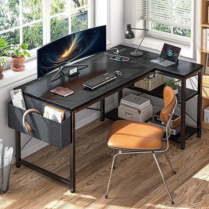 EnHomee 48 L Shaped Desk Office Desk with Power OutletsComputer Desk with Reversible Storage Shelves &amp Side BagSmall Gaming Desk for Gaming Working Small Space Home Office BedroomBlack