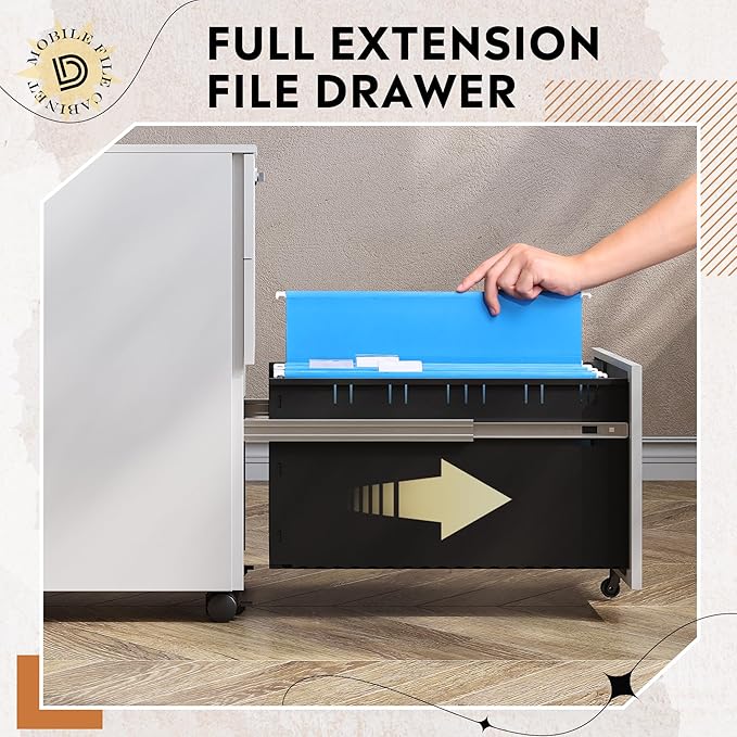 DEVAISE 3 Drawer File Cabinet with Combination LockFully Assembled Metal Filling Cabinet Except Wheels Mobile Under Desk File Cabinets for Home Office White