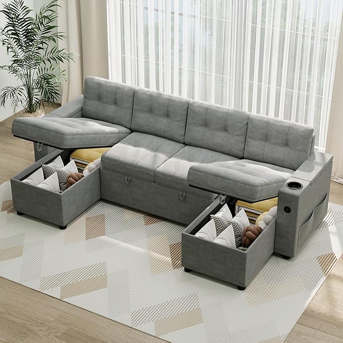 IDEALHOUSE U-Shaped Couches for Living Room Sofa Bed for Living Room with Reversible Storage Chaises and Hidden Storage Armrests Cup Holders and USB Charging Ports Included Light Grey