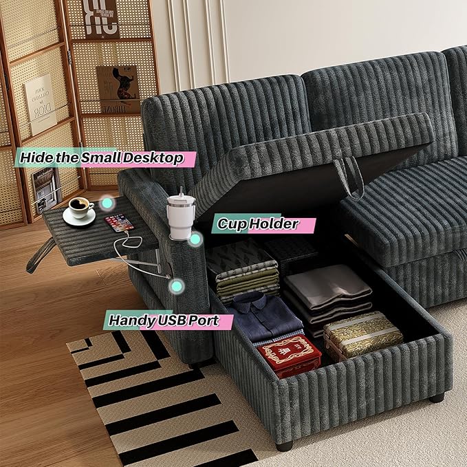 110 Sleeper Sectional Sofa Comfy U Shaped Couch with Pull Out Bed Convertible Corduroy Cloud Sofa with Double Storage Chaise USB Small Desktop Modular Couch for Living Room Dark Grey