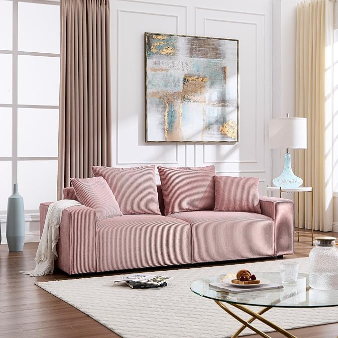 Modern Corduroy Sofa 88.5 inch Wide Living Room Couch with Wide Arms 3-Seater Living Room Couch with Throw Pillows Pink