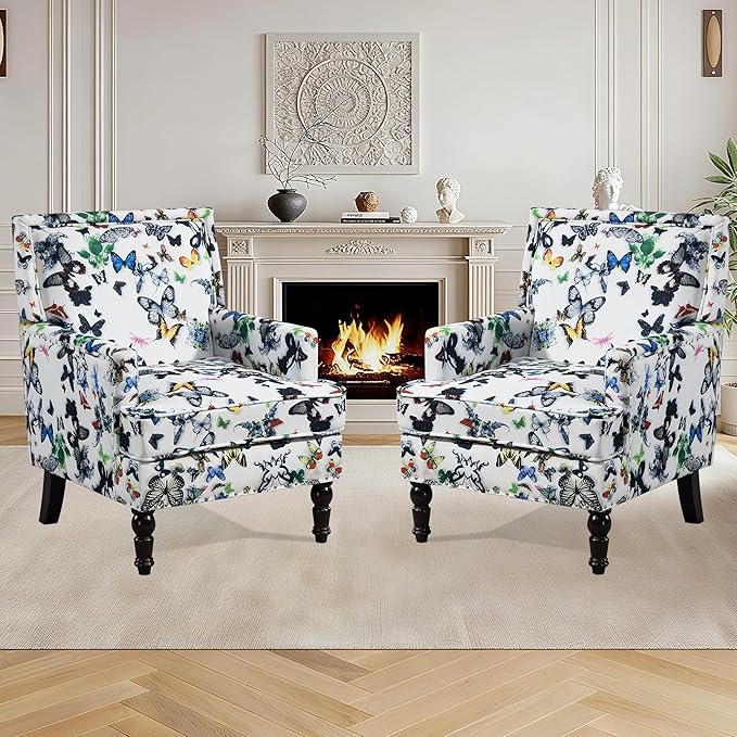 Accent Chair Modern Comfy Mid-Century Accent Chairs Linen Upholstered Wingback Lounge Arm Chair with Solid WoodSingle Floral Pattern Sofa Chair for Living Room/Office/Balcony/Bedroom