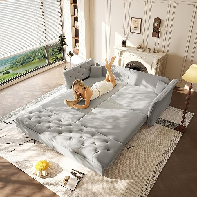 KEIKI 74.7 Queen Pull Out Sofa Bed Velvet Convertible Sleeper Sofa Button Tufted Chesterfield Sofa Pull-Out Couch Bed for Living Room Bedroom Apartment Light Grey