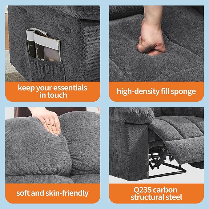 Manual Recliner ChairErgonomic Overstuffed Breathable Fabric Reclining Chair with Side Pocketsq235 Steel Frame Lazy Boy Recliner Single Sofa for Living Room Bedroom
