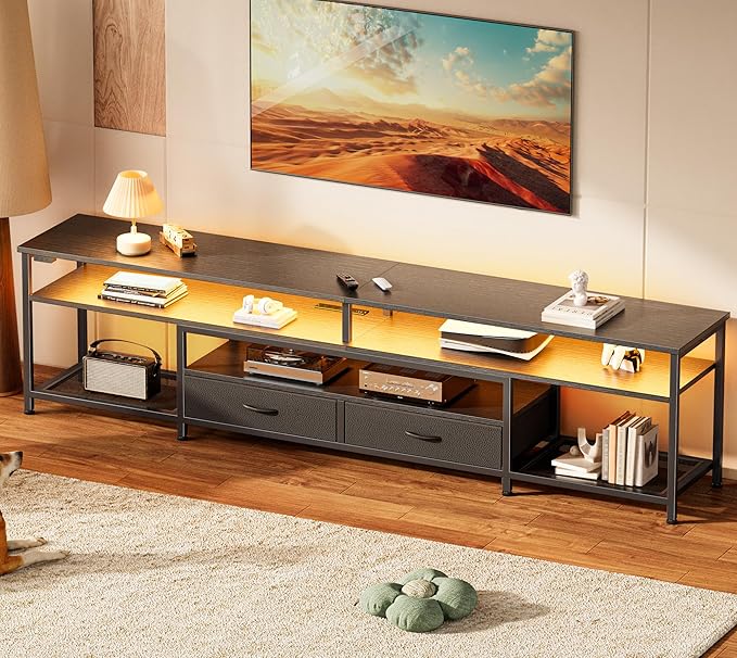 Huuger 79 Inch TV Stand for 85 90 Inch TV Entertainment Center with LED Lights and Power Outlets TV Console with Drawers Shelves Type C PU Leather Surface for Living Room Black