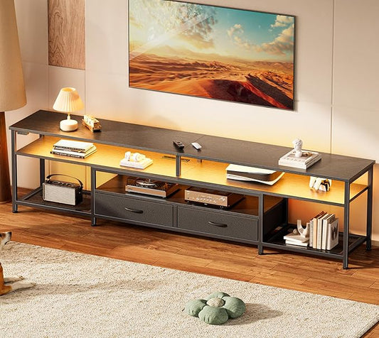 Huuger 79 Inch TV Stand for 85 90 Inch TV Entertainment Center with LED Lights and Power Outlets TV Console with Drawers Shelves Type C PU Leather Surface for Living Room Black