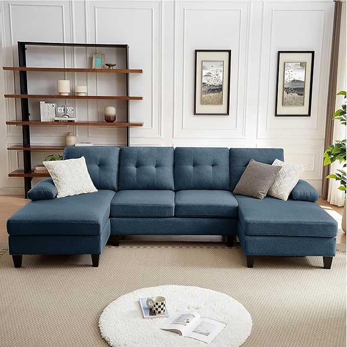 111 Sectional Couch for Living Room Modern Polyester Fibre U Shaped Sofa Couches with Double Chaise Upholstered 4 Seater Sofa for Living Room Apartment Office Blue