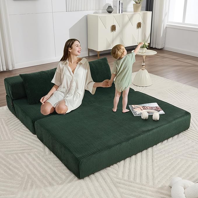 Folding Sofa Bed Full Size Convertible Sleeper Loveseat with 2 Pillows Corduroy Foldable Couch Bed Boneless Loveseat Couch for Living Room Apartment Small Spaces (Green)