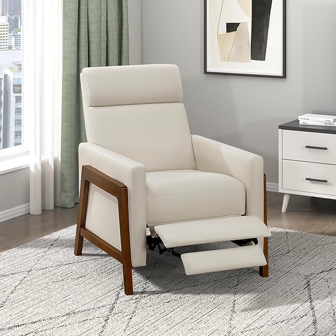 Lexicon Push Back Recliner Chair Faux Leather Upholstered Reclining Chair with Footrest Exposed Dark Brown Finish Wood Frame Small Recliner for Small Space Living Room Bedroom Light Beige