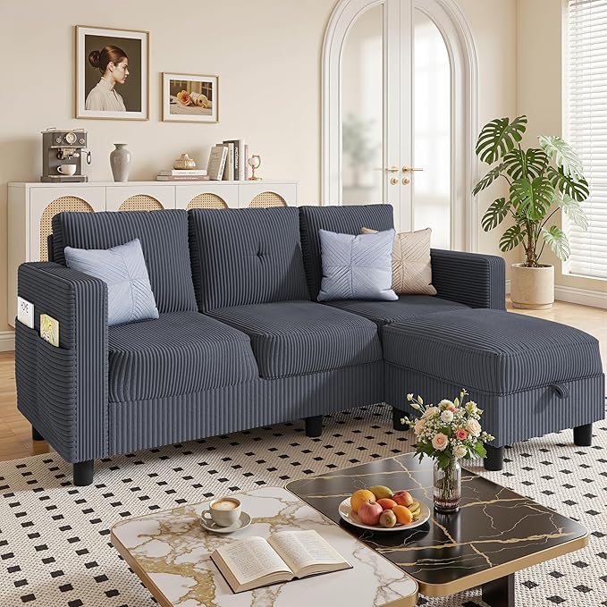 JAMFLY Convertible L-Shaped Sectional Sofa with Reversible Storage Ottoman 3-Seat Couch with Side Pockets Modern Compact Furniture for Small Apartments Studios &amp Lofts Grey