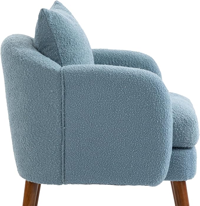 Mid Century Lounge Armchair with Boucle Fabric Solid Wood Legs and Comfortable Cushions Ideal for Bedroom and Living Room Reading and Relaxing (Light Blue)