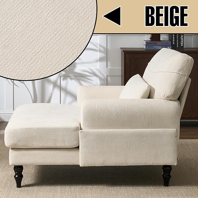 Chaise Lounge Chair Indoor Modern Leisure Sleeper Sofa Chair w/Double Deep Cushion Accent Upholstered Reading Side Armchair Recliner Arm Chairs for Living Room &amp Bedroom Easy AssemblyBeige