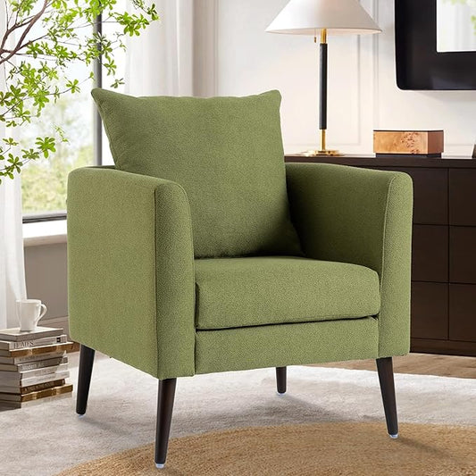 Comfy Accent Chair for Living Room Modern Fabric Upholstered Armchair with Solid Wood Legs Supportive Back Cushions and Easy Assembly Olive Green