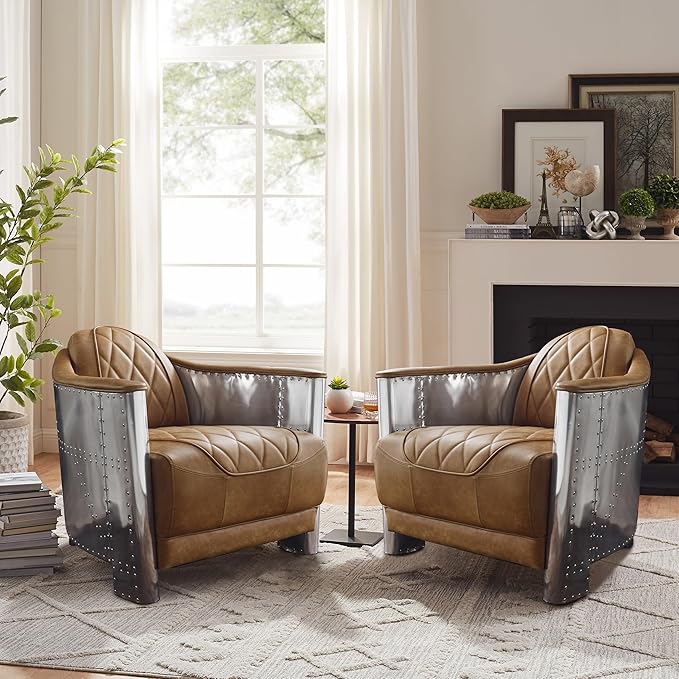 Zouron Genuine Leather Living Room Chair Mid Century Modern Single Sofa Chair in Aluminum Vintage Barrel Accent Chair for Living Room Bedroom Home Office Light Brown