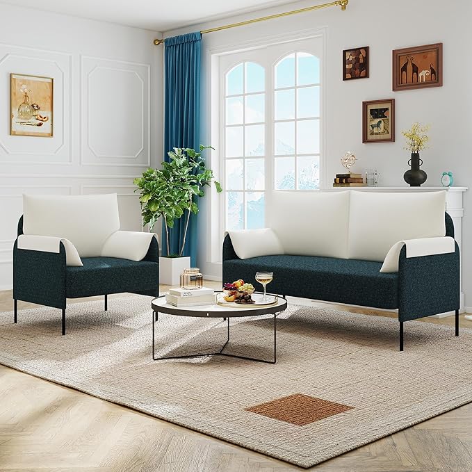 LSSPAID Upholstered Sofa Set for Living Room 2-Piece Loveseat &amp Armchair with Metal Legs Modern Accent Furniture for Apartment Office Small Space Dark Green