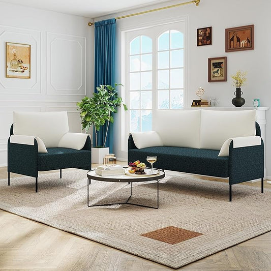 LSSPAID Upholstered Sofa Set for Living Room 2-Piece Loveseat &amp Armchair with Metal Legs Modern Accent Furniture for Apartment Office Small Space Dark Green