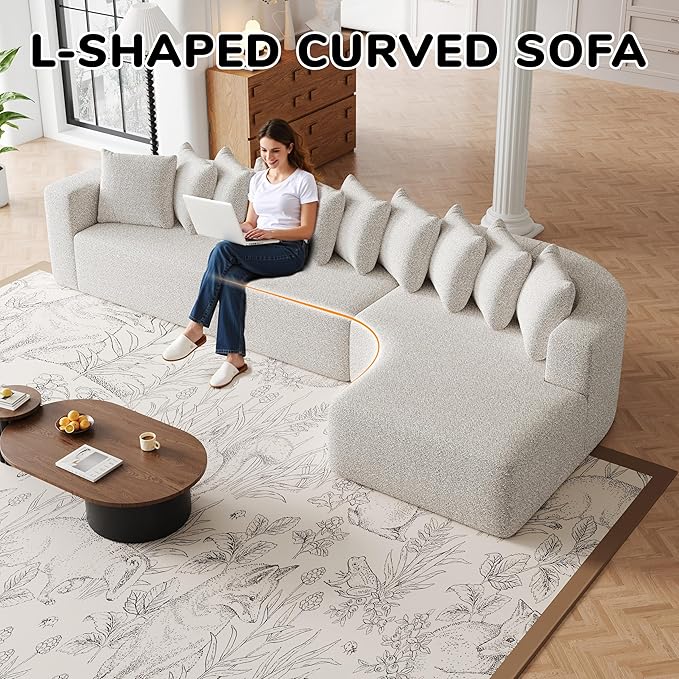 131 Boneless Chenille Sectional L-Shaped Sofa Modern Cloud-Shaped Curved 3-Seater Sofa Includes 10 Pillows Living Room Fabric Corner Couch (Light Khaki 131 Right Chaise)