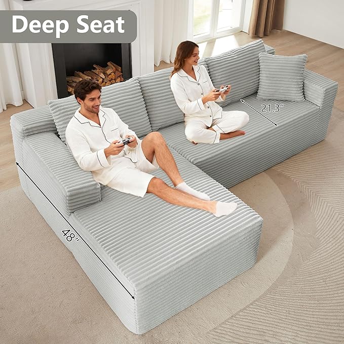 GNIXUU Cloud Sectional Couch with L-Shape Chaise Modern Modular Sofa with Deep Seat Comfy Corduroy Boneless Couches for Living Room Bedroom Apartments No Assembly Required Light Gray