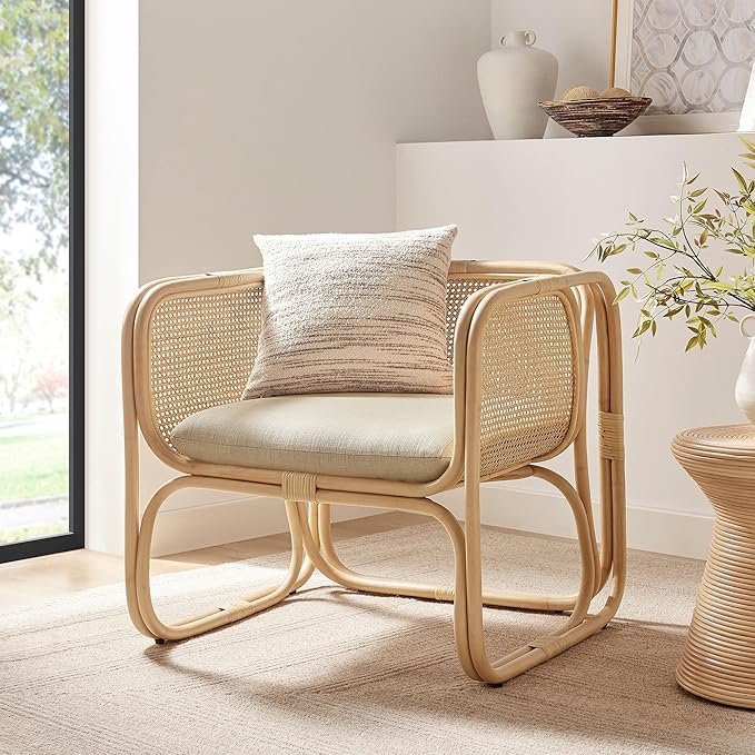Ellis Natural Rattan Accent Armchair in Natural – Curved Low Lounge Chair with Cushioned Seat for Living Room Sunroom or Covered Patio